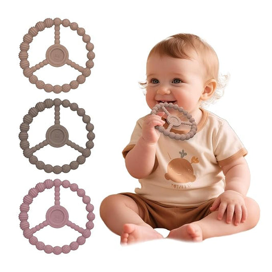 Baby Teething Toys 3-6 Months, 3 Pack Silicone Teething Rings for Babies 6-12 Months Relief, Freezable & Easy Grip Teether for Infant 0-6 Months Boys Girls, Kids Easter Gift (Clay DustyRose Brown)