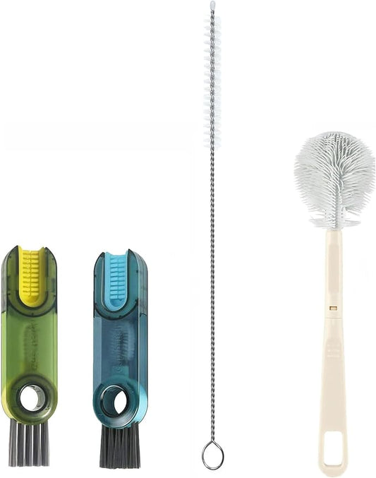 4-Pack Water Bottle Brush Set,9.5'Long Handle Silicone Water Bottle Cleaning Brush,2 Straw Brushes,2(3-in-1) Cup lid Cleaner Brushes for Water Bottles,Baby Bottles,Straw Brushes White(Green-Blue)