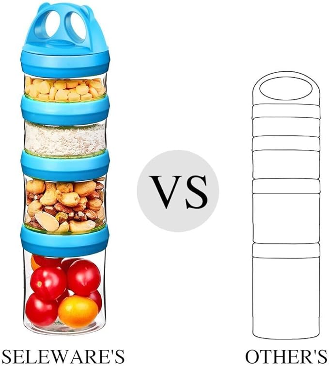 SELEWARE Portable Stackable Food Storage Containers for Snacks Formula Powder and Drinks Twist Lock System Airtight Leak-proof BPA and Phthalate Free 4 Piece Jars 31oz Blue
