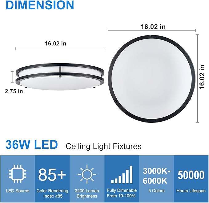 DLLT Flush Mount LED Ceiling Light: 16 Inch 5CCT (3000K-6000K) & Dimmable Ceiling Light Fixtures for Bedroom Hallway - 36W Modern Black Super Bright Kitchen Lighting Fixtures Ceiling