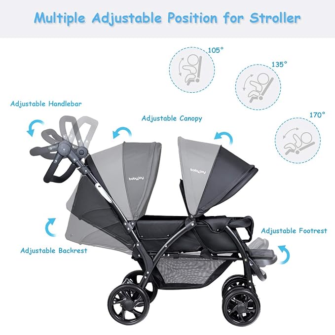 BABY JOY Double Stroller, Foldable Lightweight Twin Stroller with Tandem Seating, Adjustable Backrest/Canopy/Footrest, 5-Point Harness, Storage Basket, Newborn and Toddler (Black)
