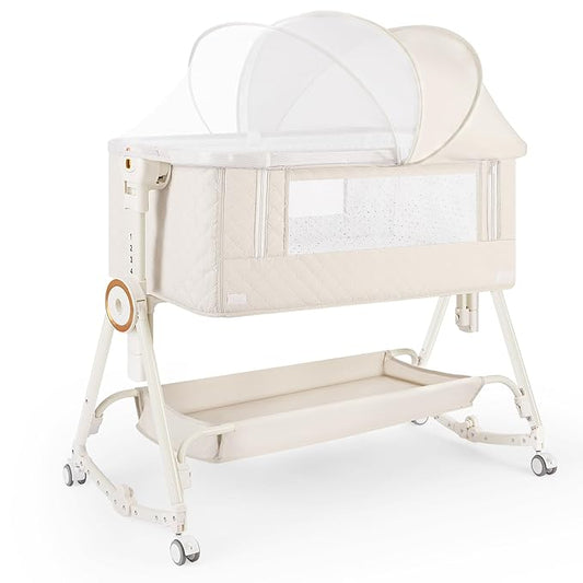 Baby Bassinet 5 in 1,Baby Bedside Bassinet with Diaper Table, Mosquito Net, Mattress, Storage Layer, Can Be Stored in One Button Travel Crib (Beige)