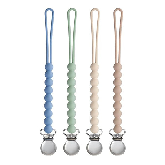 Pacifier Clip for Boys Girls - MORIBOX 4 Pack Paci Clip Soothie Baby Binky Holder for Shower Gift Birthday (Beige+Dbeige+Blue+Sage)