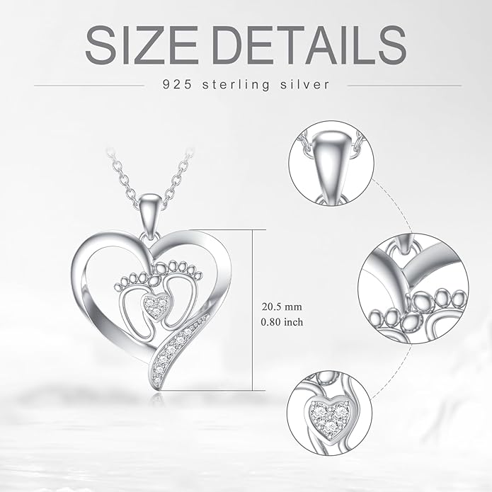 Diamond Baby Feet Necklaces for Women 925 Sterling Silver Mother Heart Pendant Baby Footprint Necklace for Mom-to-Be Gifts Diamond Jewelry
