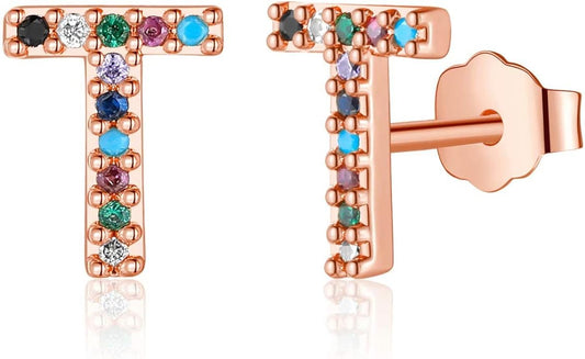 Memorjew Initial Stud Earrings for Women, Hypoallergenic 925 Sterling Silver Post Rainbow Cubic Zirconia Gold Plated 26 Initial Earrings for Women Jewelry Gifts