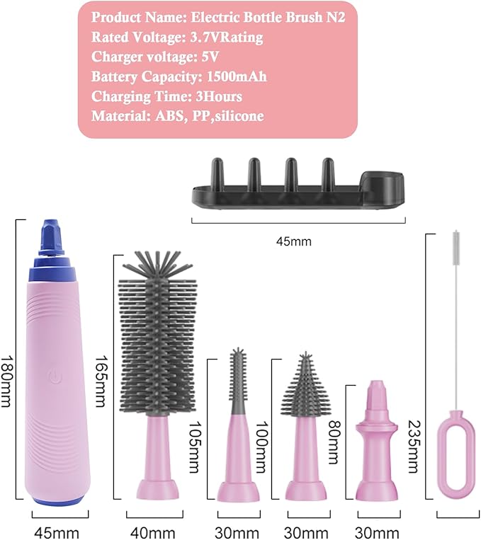 Electric Bottle Brush with Stand and Extendable Handle,Silicone Bottle Brush Set with Water Bottle/Nipple/Straw Brush,Easy-Grip Silicone Handle,Waterproof/Rechargeable Brush, Pink
