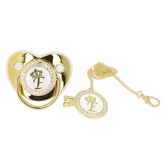 Personalized Golden Letter Baby Pacifier with Bling Design, Clips, Anti-Dust Cover for Newborn Photography, Letter E