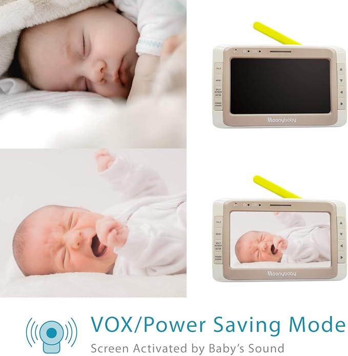 Low EMF 5" HD Auto Noise Reduce Baby Monitor with 2 Cameras.No WiFi Long Range, Split Screen, 2-Way Talk, Lullaby, Auto Night Vision Moonybaby Split50