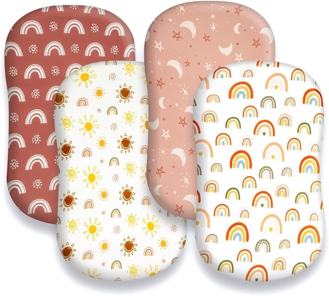 Jola's House 4 Pack Boho Bassinet Sheets - Sunshine & Rainbow Design - Neutral Unisex - Fitted Baby Bassinet Sheets