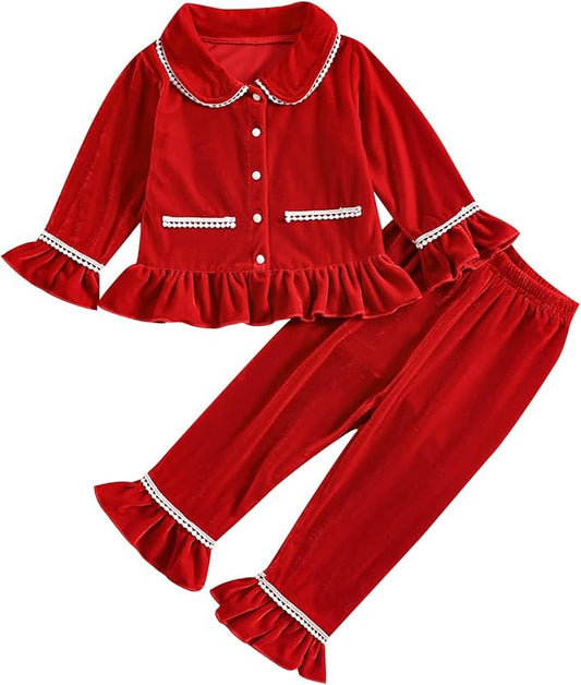 Toddler Kids Baby Girl Solid Pjs Ruffle Long Sleeve Button Shirt Top and Pants Cotton 2Piece Pajamas Set