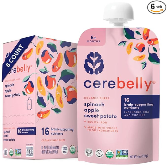 Cerebelly Baby Food Pouches – Organic Veggie Purees for Toddlers | No Added Sugar, Fiber, Non-GMO | Blended Toddler Pouches | 4 Ounce BPA-Free Pouch | Spinach Apple Sweet Potato | 6 Count