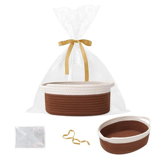 Gift Basket with Gift Bag and Ribbons,Small Rope Woven Shelf Storage,Baskets for Gifts Empty,Birthday,Shower,Decorative Organizer Box for Cat Dog Pet with Handles(White&Brown)