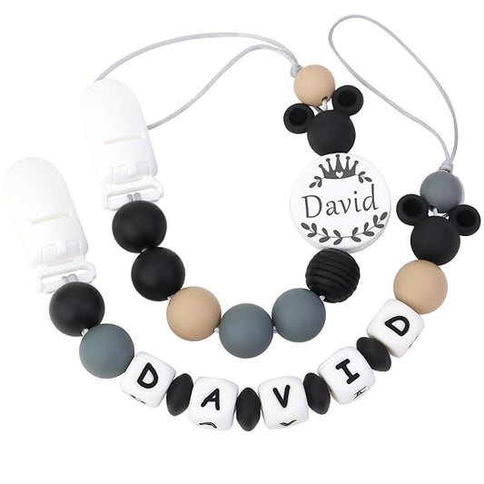 Personalized Pacifier Clip with Name, Customizable Pacifier Clip (2 Pack) (Mouse-Black)