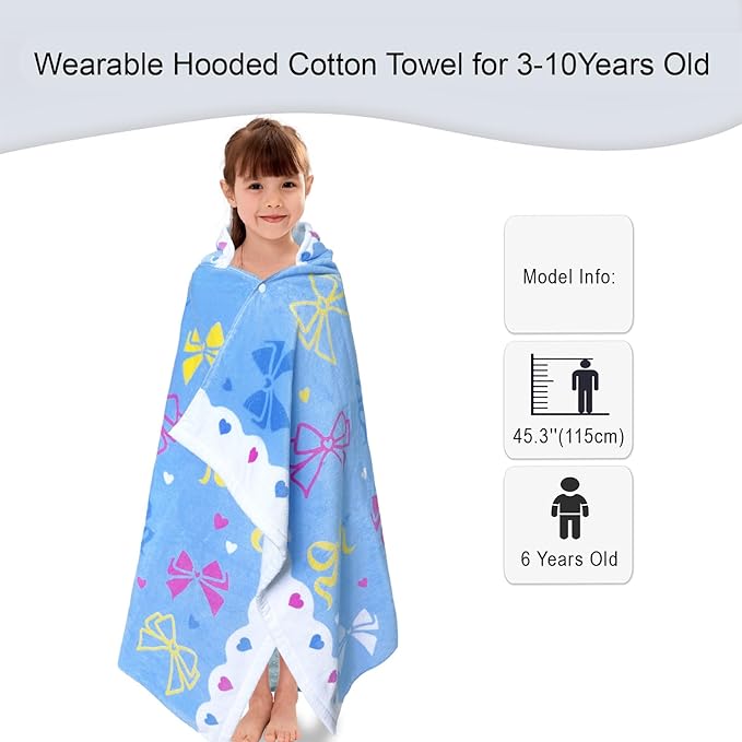 Hooded Beach Towels for Kids 3-10 Years – Soft 100% Cotton Bath & Swim Towel Wrap (30"x50"), Quick-Dry Absorbent Fabric for Toddler Girls – Cute BOW Design, Perfect for Pool, Beach, Bath & Swimming