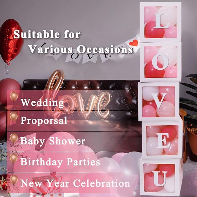 White Transparent Balloon Boxes, Clear Baby Boxes with 78 Letters for Custom Name, Balloon Box Blocks Backdrop for Bride Shower Baby Shower Birthday Boy Girl Gender Reveal Graduation Party Decor, 5PCS