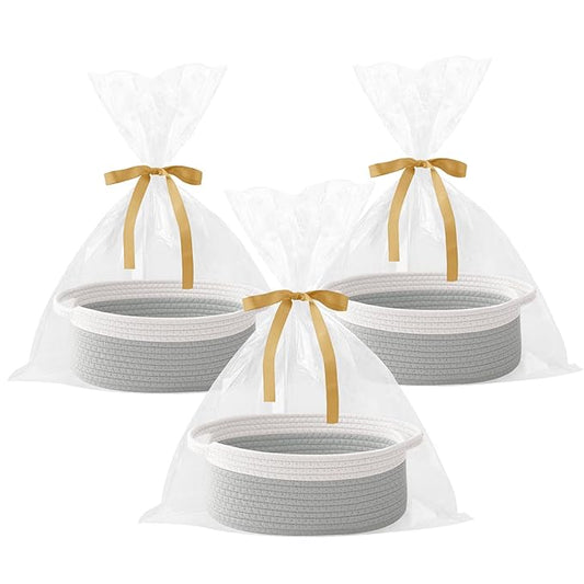 3 Pack Gift Basket with Gift Bag and Ribbons,Small Rope Woven Shelf Storage,Baskets for Gifts Empty,Birthday,Shower,Decorative Organizer Box for Cat Dog Pet with Handles(White&Grey)