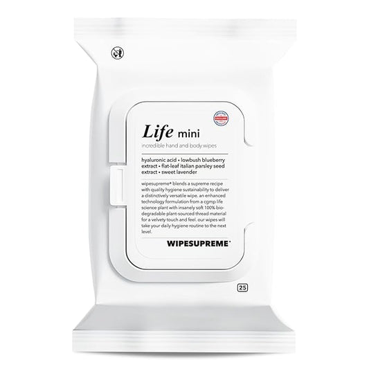 Wipesupreme Compostable Hand & Body Wipes, Hypoallergenic for Sensitive Skin, EWG Verified, Moisturizing with Hyaluronic Acid, Babies to Adults | Travel, 25 Count (1 Pack)