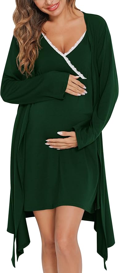 SWOMOG Womens Maternity Robe 2 Piece Nursing Nightgown for Breastfeeding 3 in 1 Labor Delivery Nursing Dress Lace Bathrobe