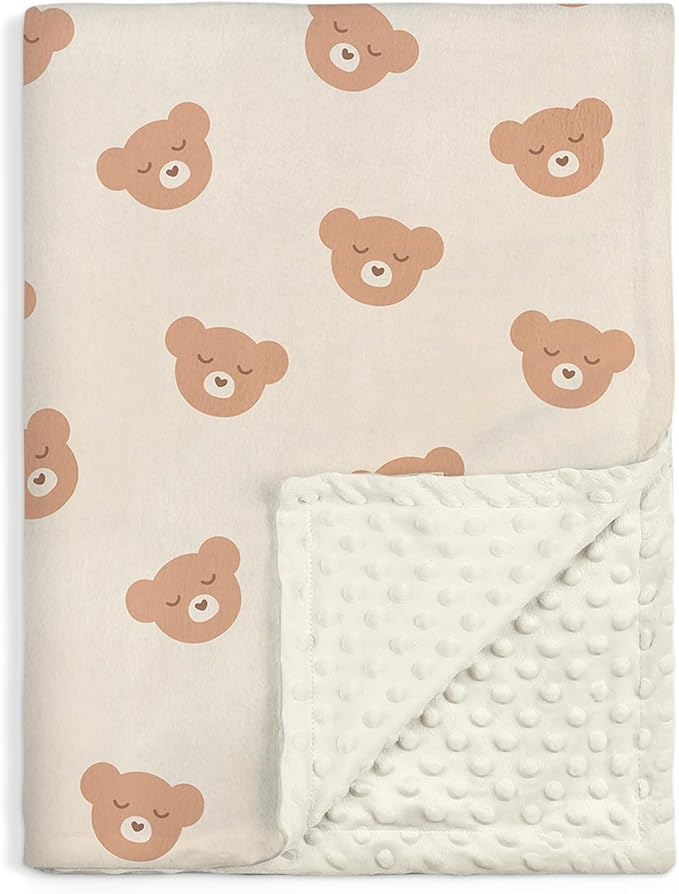 Bear Minky Baby Blanket 30 x 40 Inches for Boys Girls, Soft Plush Receiving Blanket with Dotted Back, Gift for Toddler Newborn Infant Christmas Birthday Baby Shower