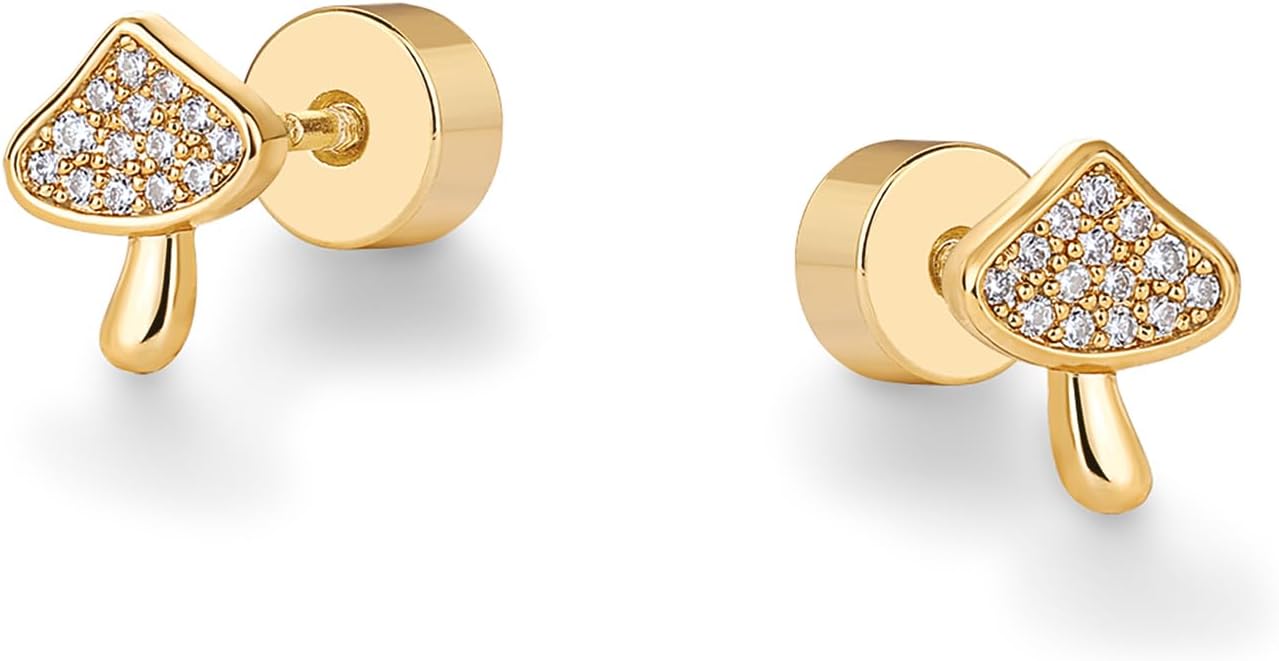 PAVOI 14K Gold Plated Dainty Flat Back Earrings for Women - Hypoallergenic Sterling Silver Posts Helix Cartilage Piercing Jewelry - Emoji Motif Bow Celestial Flatback Gold Stud Earrings Screw Back