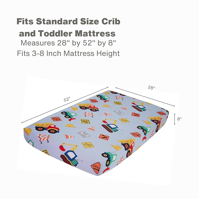 Everyday Kids Baby Boy Fitted Crib Sheet, Under Construction, 100% Soft Breathable Microfiber Baby Sheet, Fits Standard Size Crib Mattress 28in x 52in, Nursery Sheet