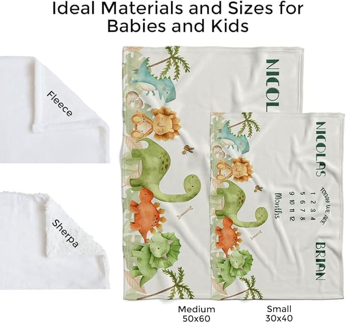 MDPrints Personalized Twin Milestone Blanket, Custom Monthly Baby Blankets with Name for Boys and Girls, 30x40 & 50x60inch Soft Plush Fleece (Dinosaur)