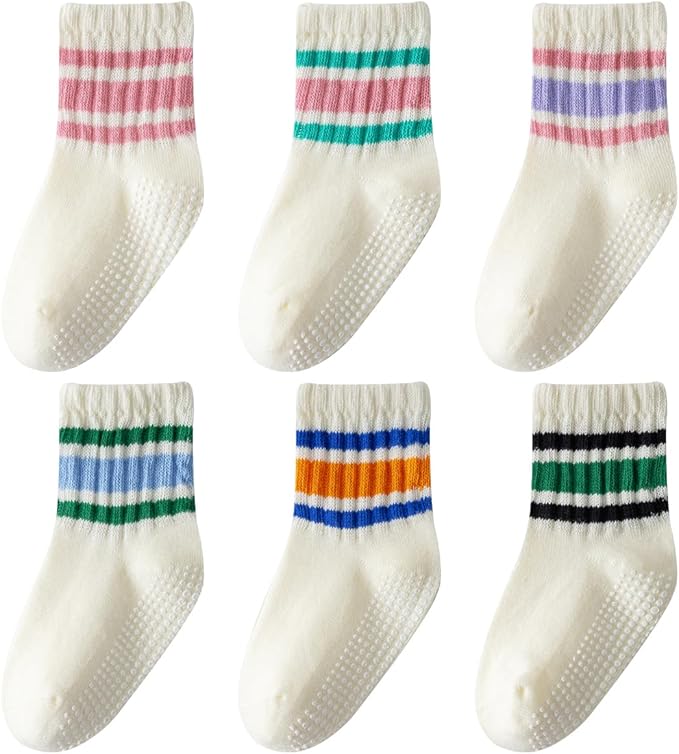 Toddler Grip Socks with Non-Slip, Unisex Baby Retro Stripe Seamless Crew Ankle Cotton Socks for Girls Boys 6 Pairs