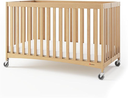 Foundations Travel Sleeper Full-Size Wooden Folding Crib with 3” InfaPure Foam Mattress and Commercial Grade Casters, Hotel Crib (Natural)