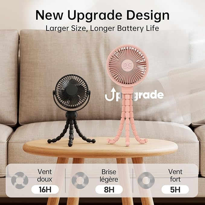 GUSGU Stroller Fan Clip on for Baby, Flexible Tripod & Rechargeable Battery, Small Personal Fan, Mini Portable Fan for Travel, Handheld, Car (Pink)