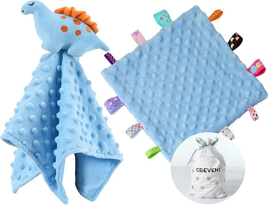 CREVENT Cozy Plush Baby Security Blanket Loveys for Baby Boys, Minky Dot Front + Sherpa Backing with Animal Face (Blue Dinosaur + Tag)