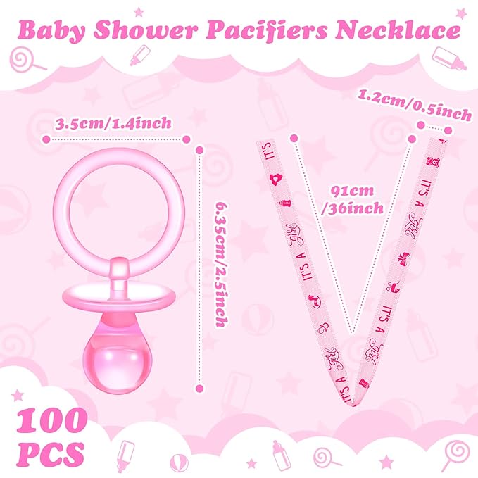 Chengu 100 Pcs Baby Shower Pacifiers Necklace, Acrylic Pacifiers Necklace Party Favors for Girls Boys Baby Shower Party Decorations Table Scatter(Pink)