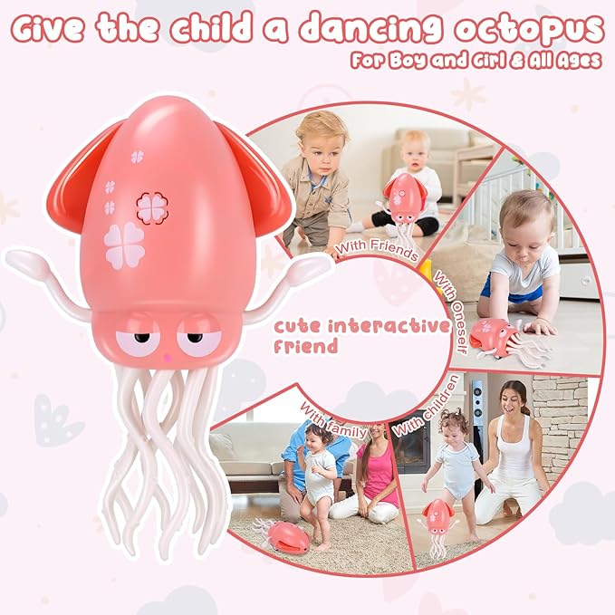 Dancing Octopus Baby Toy, Tummy Time Toys, with Music and Led Light, Automatically Avoids Obstacles, Crawling Toy Suitable for Birthday Gifts for Toddlers Over One Month Old(Pink)