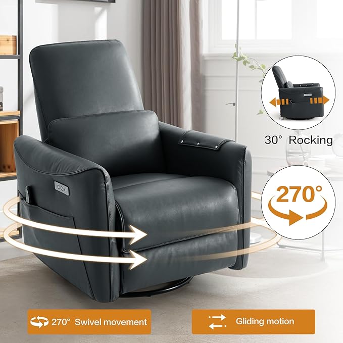 Genuine Leather Modern Electric Swivel Glider Power Recliner Chair with USB and Type-C Ports for Living Room, Power Lift Function, Grey