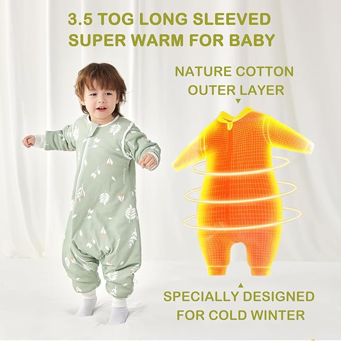 3.5 TOG Super Soft Thick Detachable Long Sleeves Sleep Sack with Feet, 100% Cotton Winter Warm Toddler Sleep Sack, Foliage, Size L