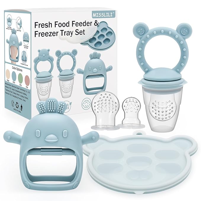 Baby Silicone Fruit Food Feeder Pacifier & Breastmilk Popsicle Freezer Molds,BPA Free Baby Food Storage Containers Frozen Ice Tray for Baby Feeding Safely, Infant Fruit Teething Toy (Blue)