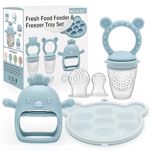 Baby Silicone Fruit Food Feeder Pacifier & Breastmilk Popsicle Freezer Molds,BPA Free Baby Food Storage Containers Frozen Ice Tray for Baby Feeding Safely, Infant Fruit Teething Toy (Blue)