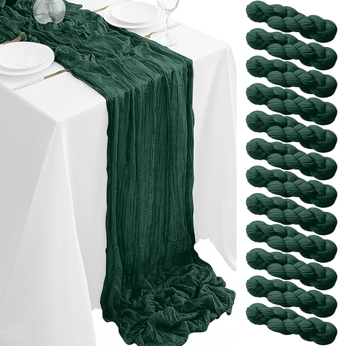 12Pack Emerald Green Table Runner 35 x 120 inch Cheesecloth Table Runner 10FT Boho Table Runners Rustic Gauze Cheese Cloth Table Runners for Party Wedding Birthday Dining Bridal Baby Shower Decor