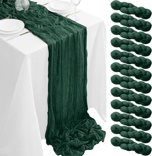 12Pack Emerald Green Table Runner 35 x 120 inch Cheesecloth Table Runner 10FT Boho Table Runners Rustic Gauze Cheese Cloth Table Runners for Party Wedding Birthday Dining Bridal Baby Shower Decor