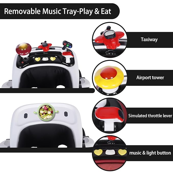 Kinder King Baby Walker with Music & Lights, 5 in 1 Baby Bouncer Activity Walker, Adjustable Height & Seat, Learning-Seated & Toddler Walk-Behind, Safety Bumper, Infant Walker Anti-Rollover, Black