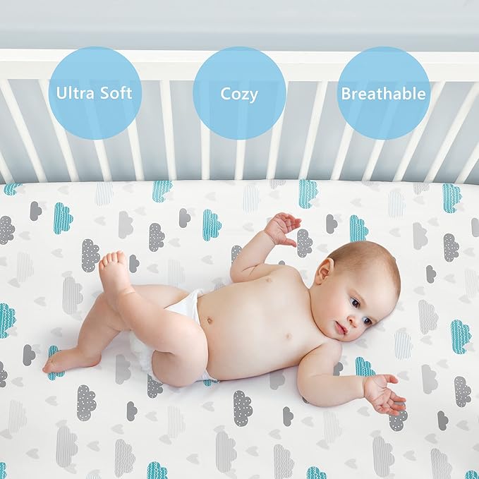 TILLYOU Baby Crib Sheets for Boys Girls, Super Soft Toddler Bed Sheets, 2 Pack Sheets for Standard Crib Mattress 28x52in, Blue Clouds and Stars