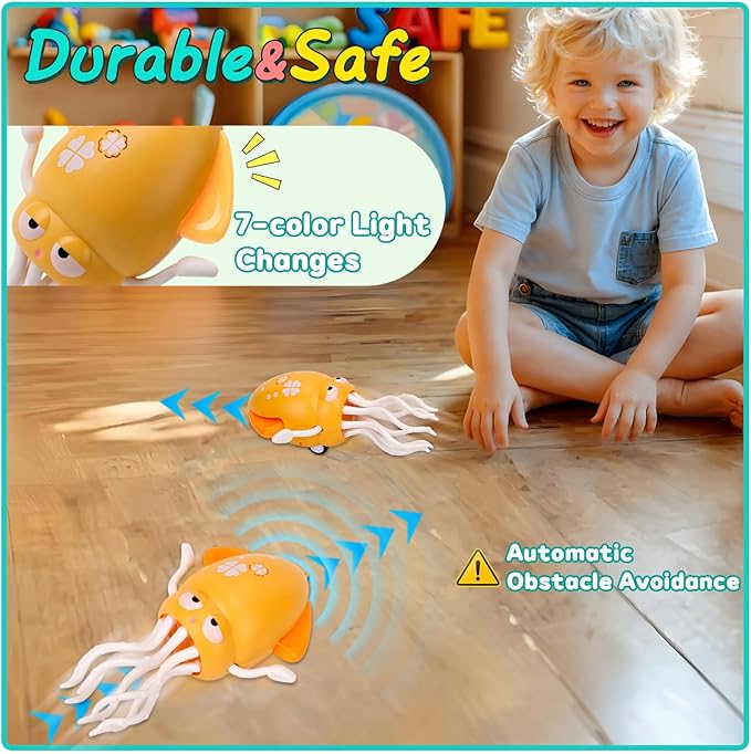 Dancing Octopus Baby Toy, Electric Crawling Squid with Obstacle Avoidance, Infant Light up Music Toys for 3 4 5 6 7 Year Old Kids, Rechargeable Tummy Time Toy Boy Girl Birthday Gifts(Yellow)