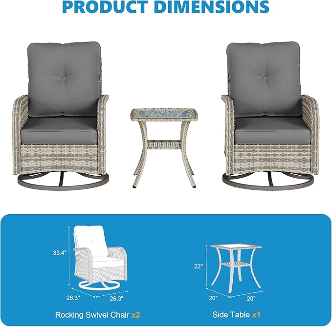 3-Piece Small Patio Furniture Set, Outdoor Swivel Rocking Chairs Set with Wicker Chairs and Tempered Glass Side Table, Outdoor Furniture Patio Bistro Set for Balcony, Deck, Porch