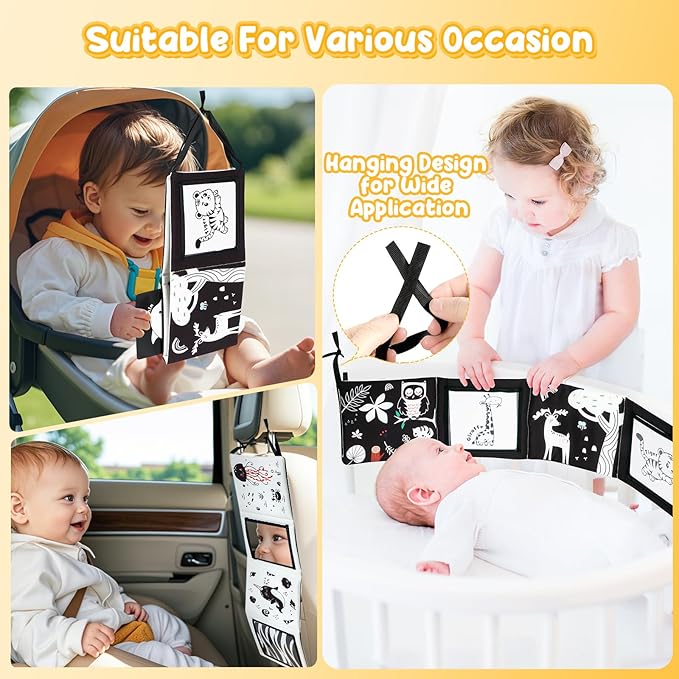 URMYWO Tummy Time Mirror Toys, High Contrast Black and White Baby Toys for Newborn, Baby Boy Girl Gifts, Visual Stimulation Learning Activity Cards, Soft Baby Book, Montessori Infant Toys 0-12 Months