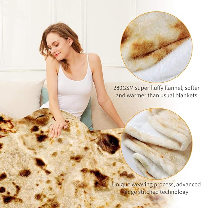 Burrito Tortilla Throw Blanket,2.0 Double Sided Burritos Taco Tortilla Wrap Blankets,Giant Funny Realistic Flannel Food Round Blankets,Funny Gifts for Kids Newborn Toddler Dog Cat Baby Shower 47in