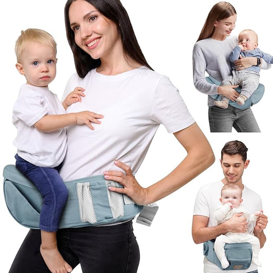 Baby Hip Seat Carrier, Adjustable Waistband with 3D Abdominal Support & Various Pockets Ergonomic Carrier for Newborns to Toddlers up to 33 lbs Medium Blue