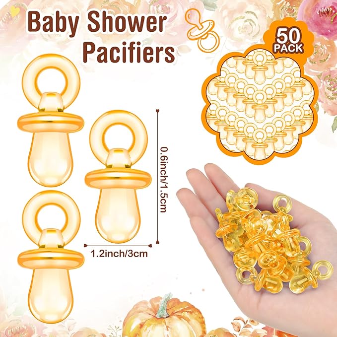 Thyle 51 Pcs Pacifier Hunt Baby Shower Games Include Hunt Sign and 50 Acrylic Pacifiers for Baby Shower Game Decoration Gift Sets Gender Reveal Party Decor (Watercolor Pumpkin)