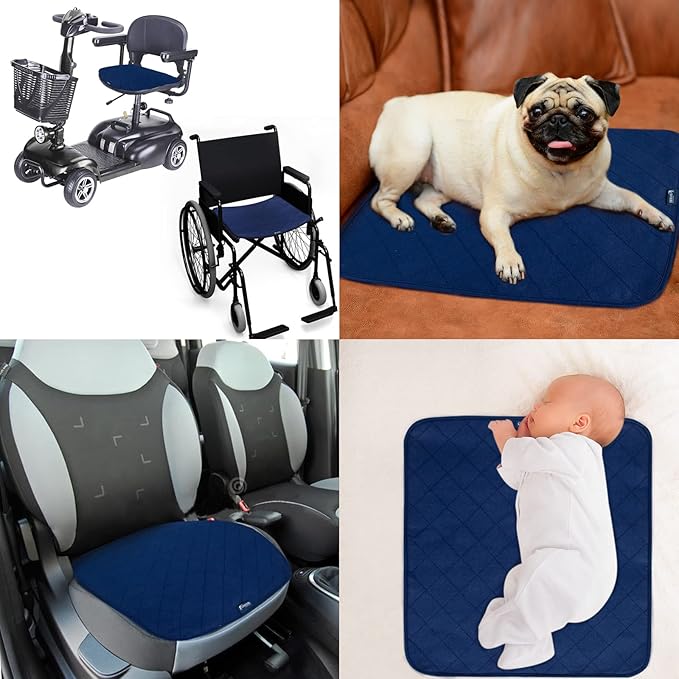 Waterproof Incontinence Chair Pads, 22" x 21" Wheelchair Reusable Seat Pads Cover, Washable Nursery Seat Protector, 4 Pack Navy