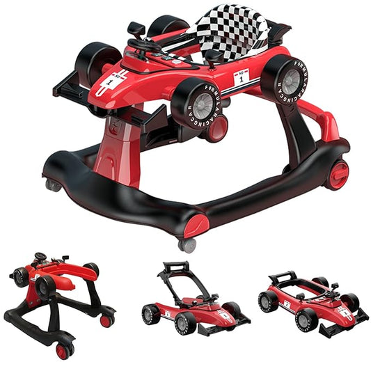 4-in-1 Baby Walker, Foldable Activity Walker with Adjustable Height & Speed, Music, Lights, Steering Wheel, Activity Baby Push Walker for Boys Girls Aged 6–18 Months (Red)