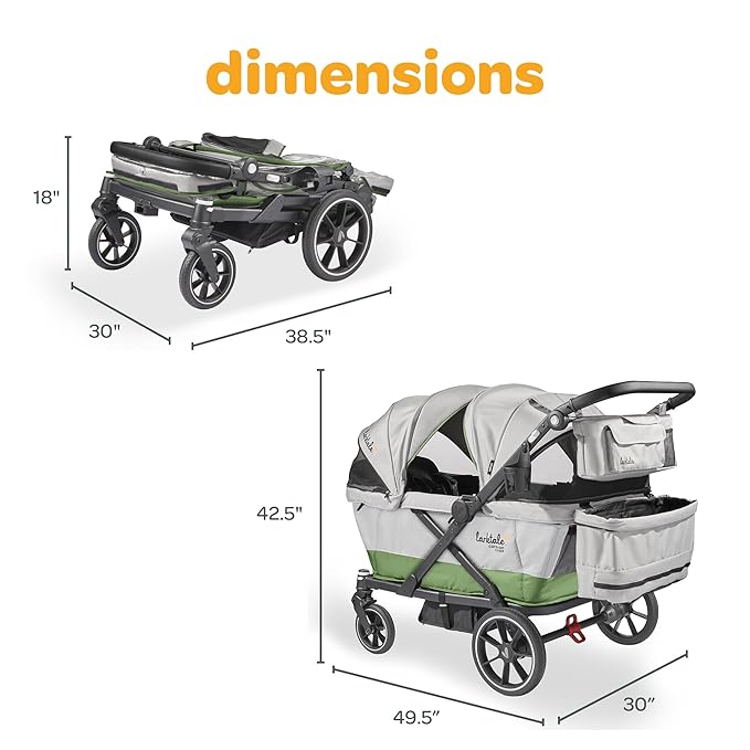 Larktale Caravan Coupe Quad, Compact Stroller Wagon with Reclining Seats for 4 Kids, Gray/Green