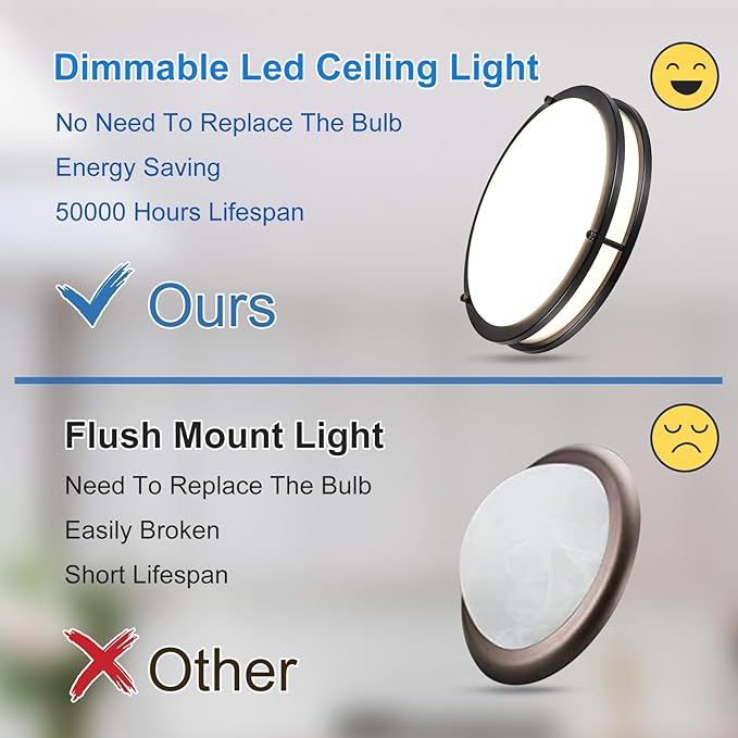 DLLT Flush Mount LED Ceiling Light: 13 Inch 5CCT (3000K-6000K) & Dimmable Ceiling Light Fixtures for Bedroom Hallway - 24W Modern Black Super Bright Kitchen Lighting Fixtures Ceiling